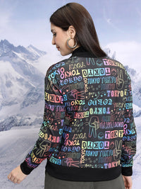 Tokyo Talkies Printed Mandarin Collar Crop Bomber Jacket
