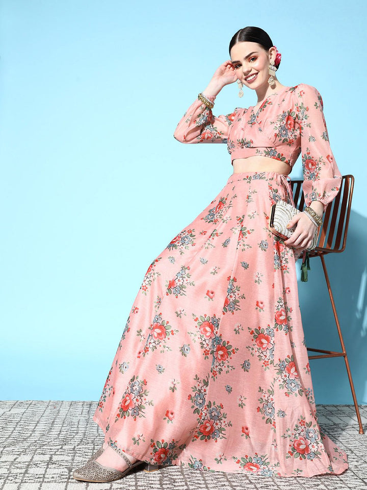 Shae by SASSAFRAS Women Peach-Coloured & Red Printed Ready to Wear Lehenga Choli