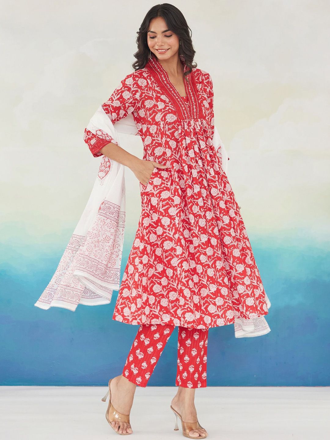 Indo Era Women Floral Printed Pleated Beads and Stones Pure Cotton Kurta with Trousers & With Dupatta