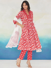 Indo Era Women Floral Printed Pleated Beads and Stones Pure Cotton Kurta with Trousers & With Dupatta