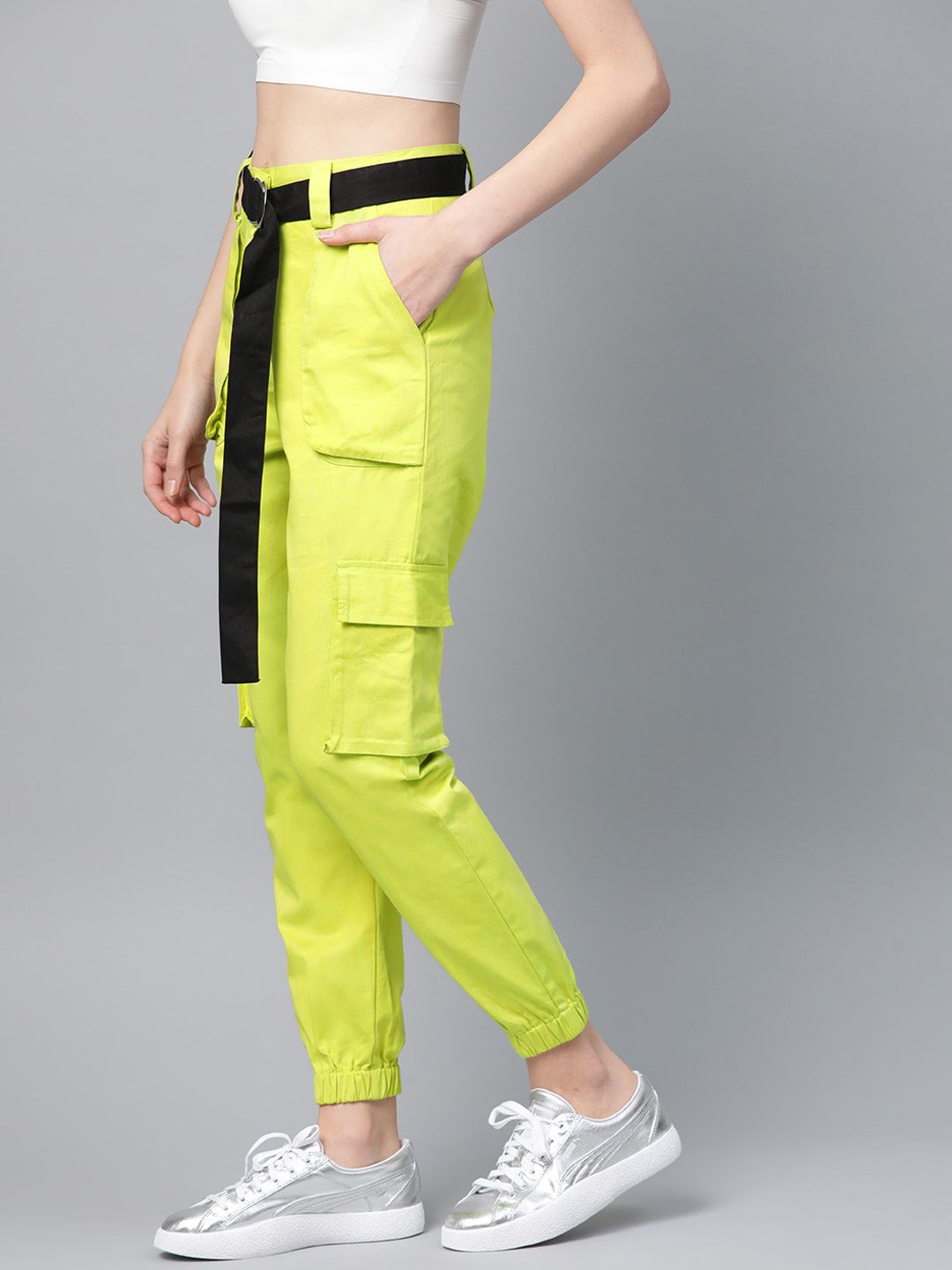 STREET 9 Women Lime Green Regular Fit Solid Cargos