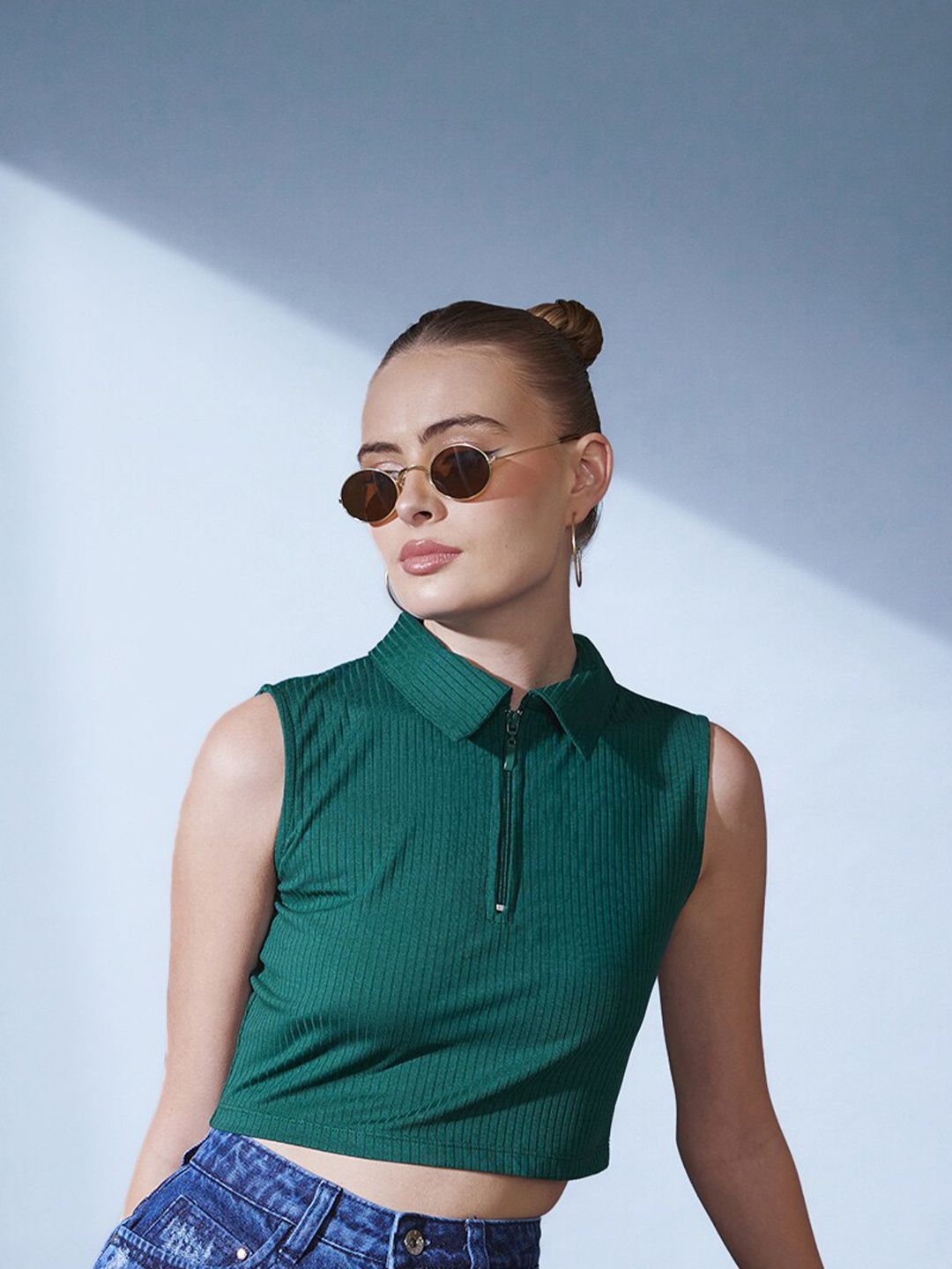STREET 9 Green Polo Collar Slim Fit Crop T-shirt