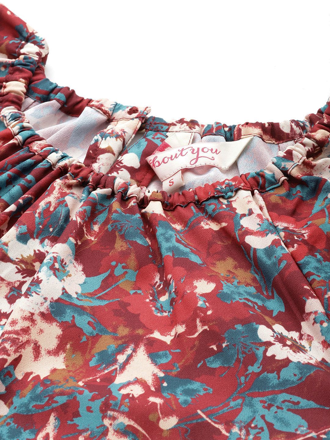 all about you Floral Print Cinched Waist Raglan Puffed Sleeves Top