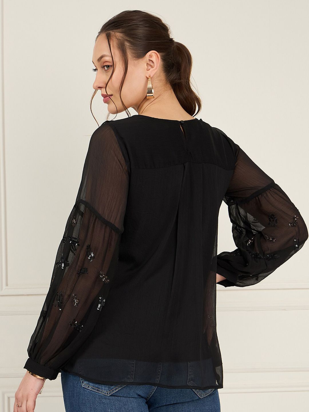 Antheaa Sequined Cuffed Sleeves A-Line Top with Pleated Detail