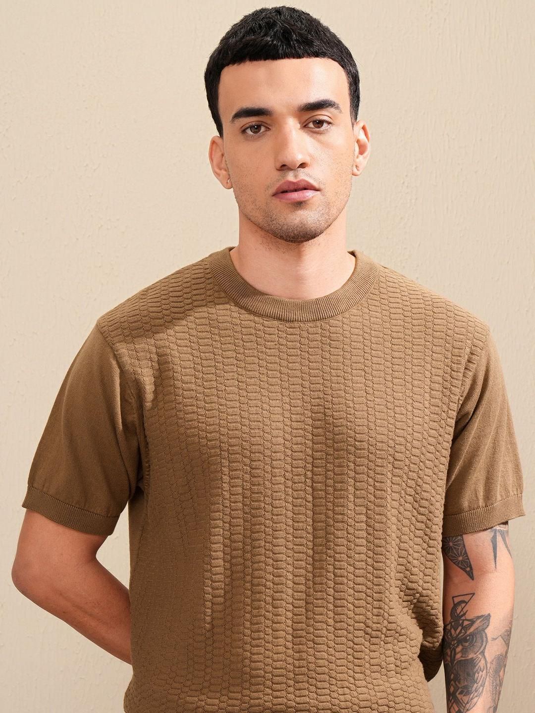 HIGHLANDER Men Knitted Self Design Relaxed Fit Tshirt