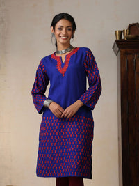 House of Chikankari Women Royal Blue Woollen Aari Embroidered Kurta