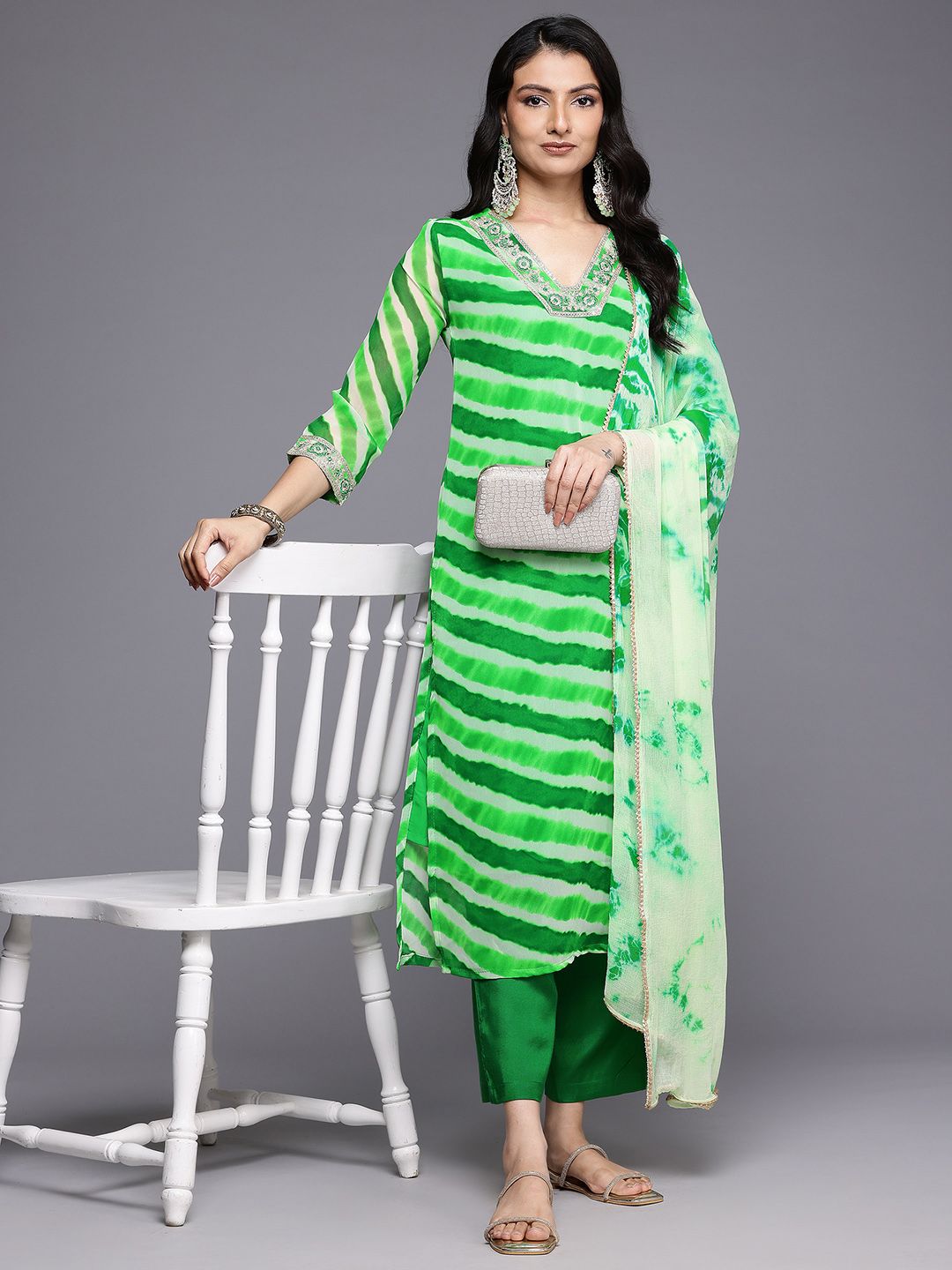 Varanga Leheriya Printed Sequinned Kurta With Trousers & Dupatta