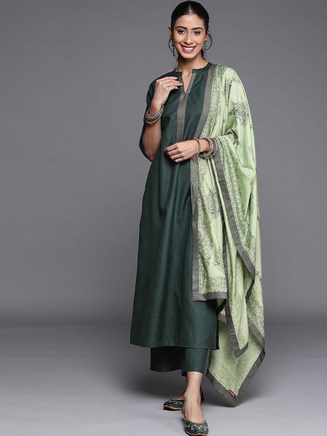 Libas Women Green Regular Pure Cotton Kurta with Palazzos & Dupatta