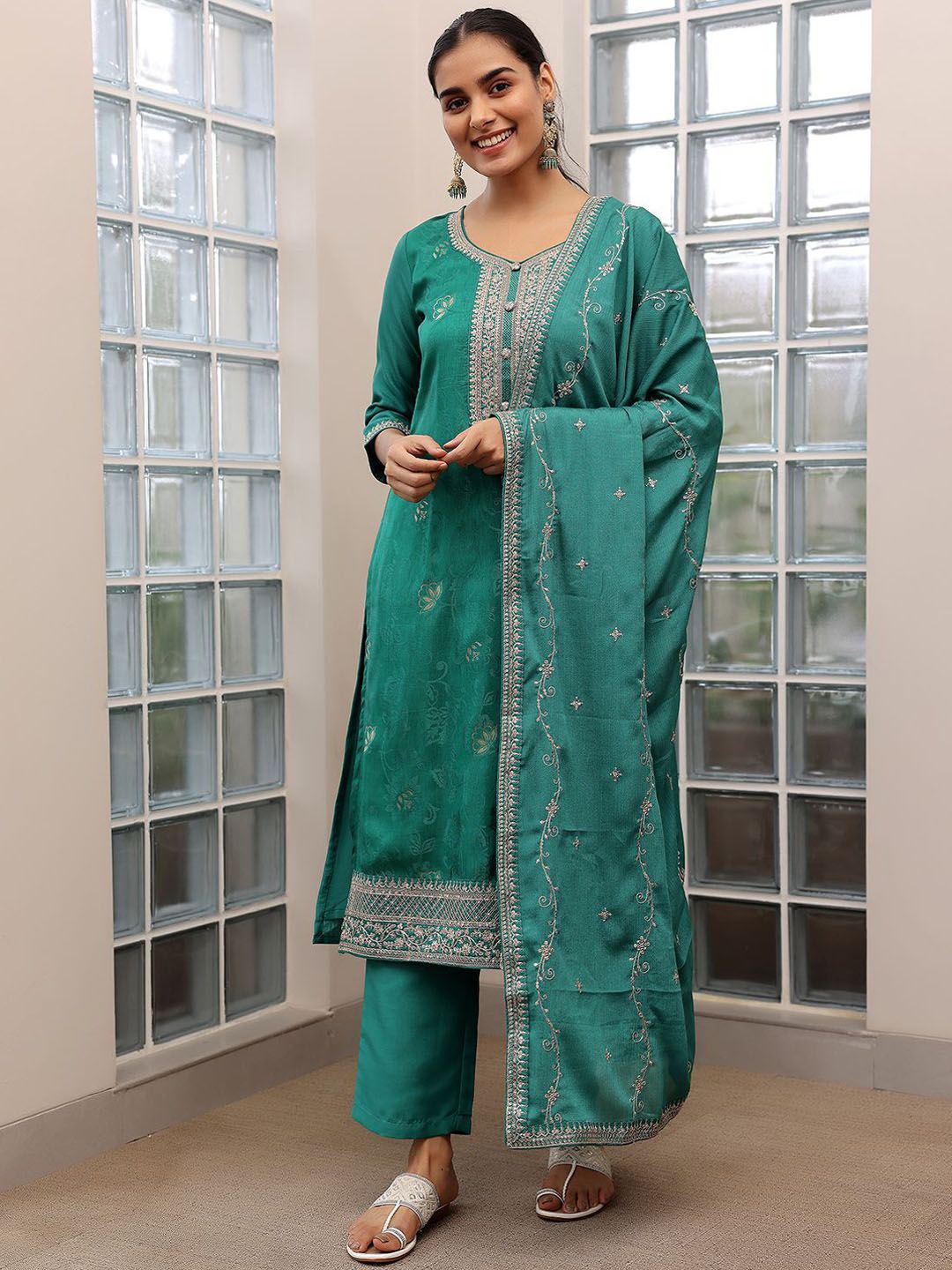Libas Floral Embroidered Zari Straight Kurta with Palazzos & Dupatta