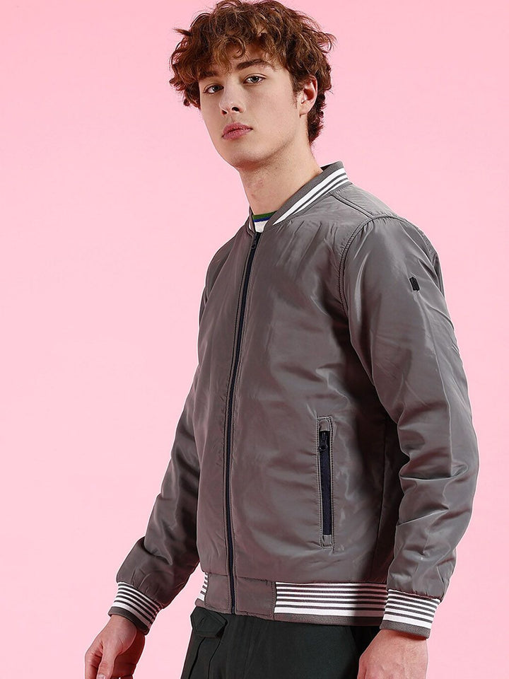 The Indian Garage Co Grey Mock Collar Bomber Jacket