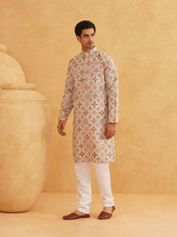 SOJANYA Men Cream-Coloured Geometric Printed Kurta