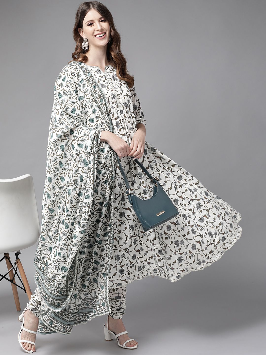 Libas Women White & Grey Floral Printed Pure Cotton Kurta with Churidar & With Dupatta