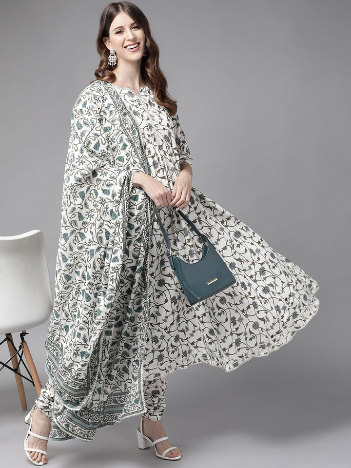 Libas Women White & Grey Floral Printed Pure Cotton Kurta with Churidar & With Dupatta