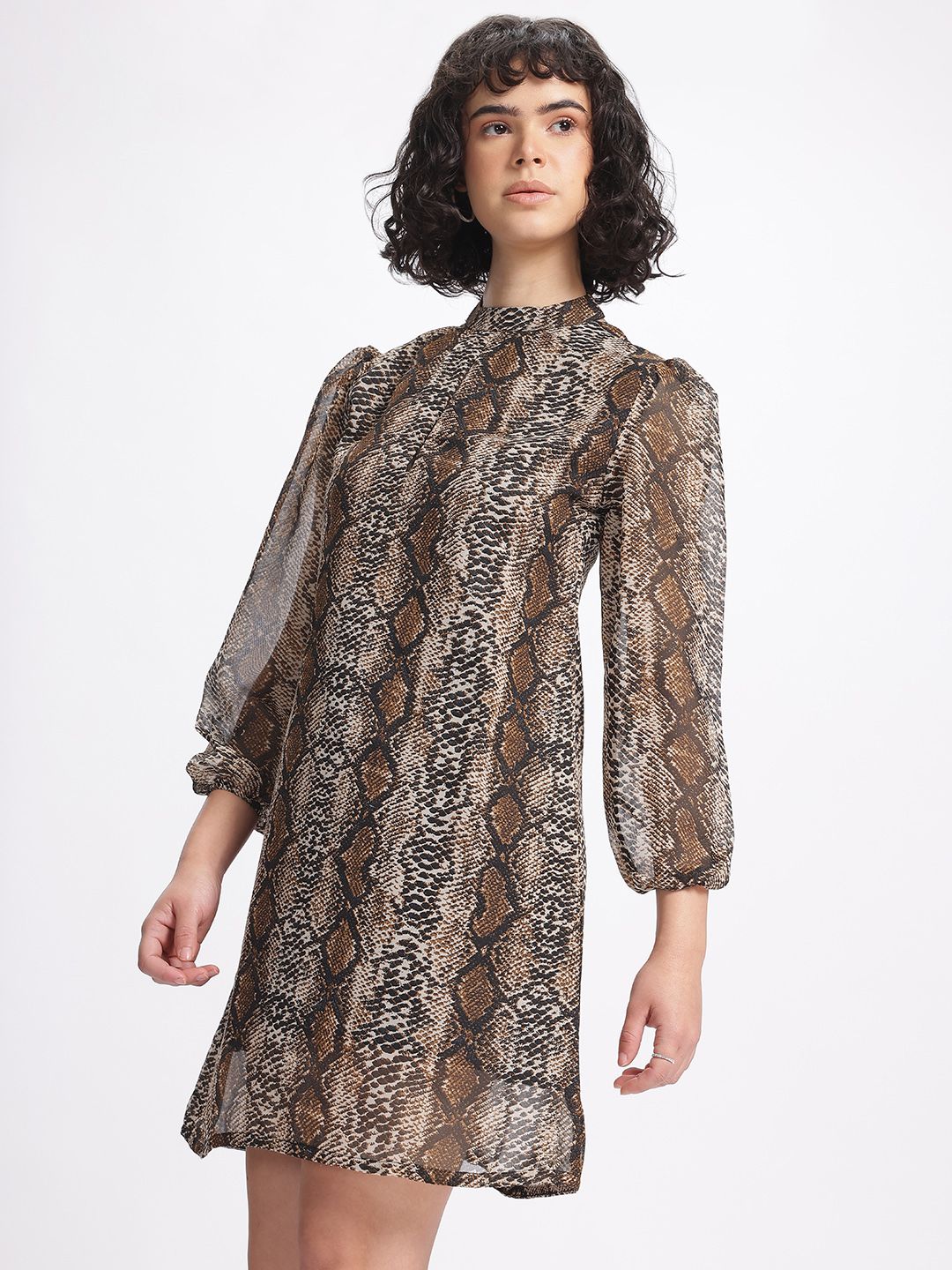 DressBerry Comfort Chic Snake Print Puff Sleeve A-Line Dress