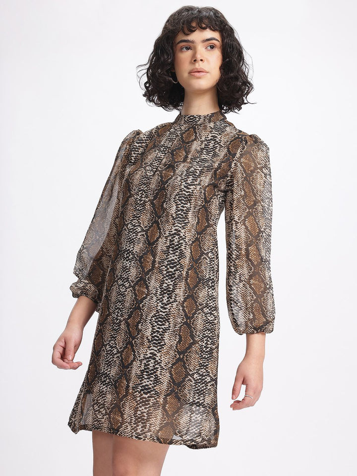 DressBerry Comfort Chic Snake Print Puff Sleeve A-Line Dress