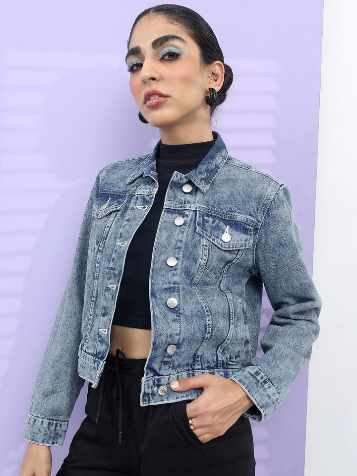 Tokyo Talkies Women Blue Solid Denim Jacket