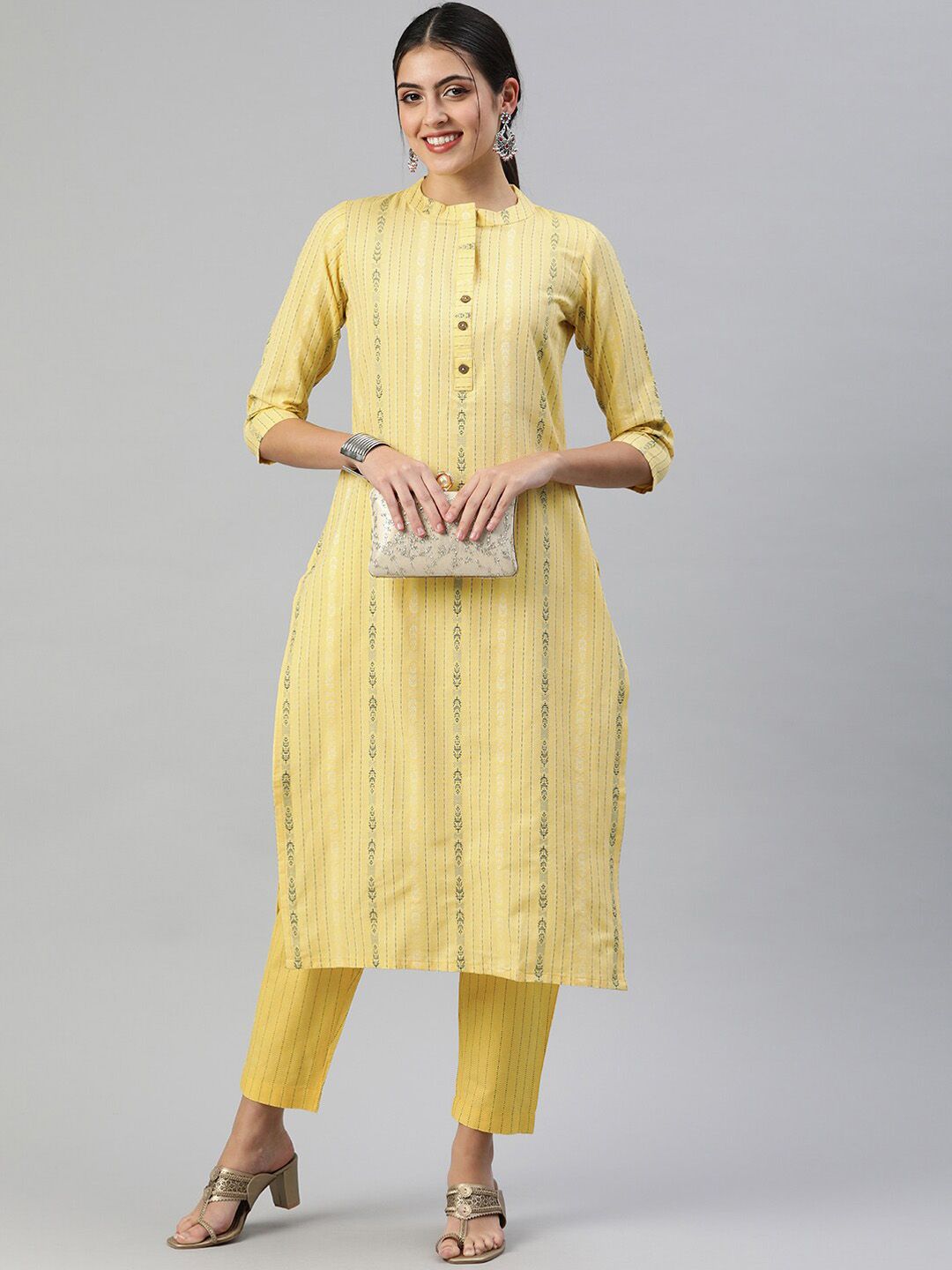 KALINI Striped Band Collar Straight Kurta with Trousers