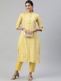 KALINI Striped Band Collar Straight Kurta with Trousers