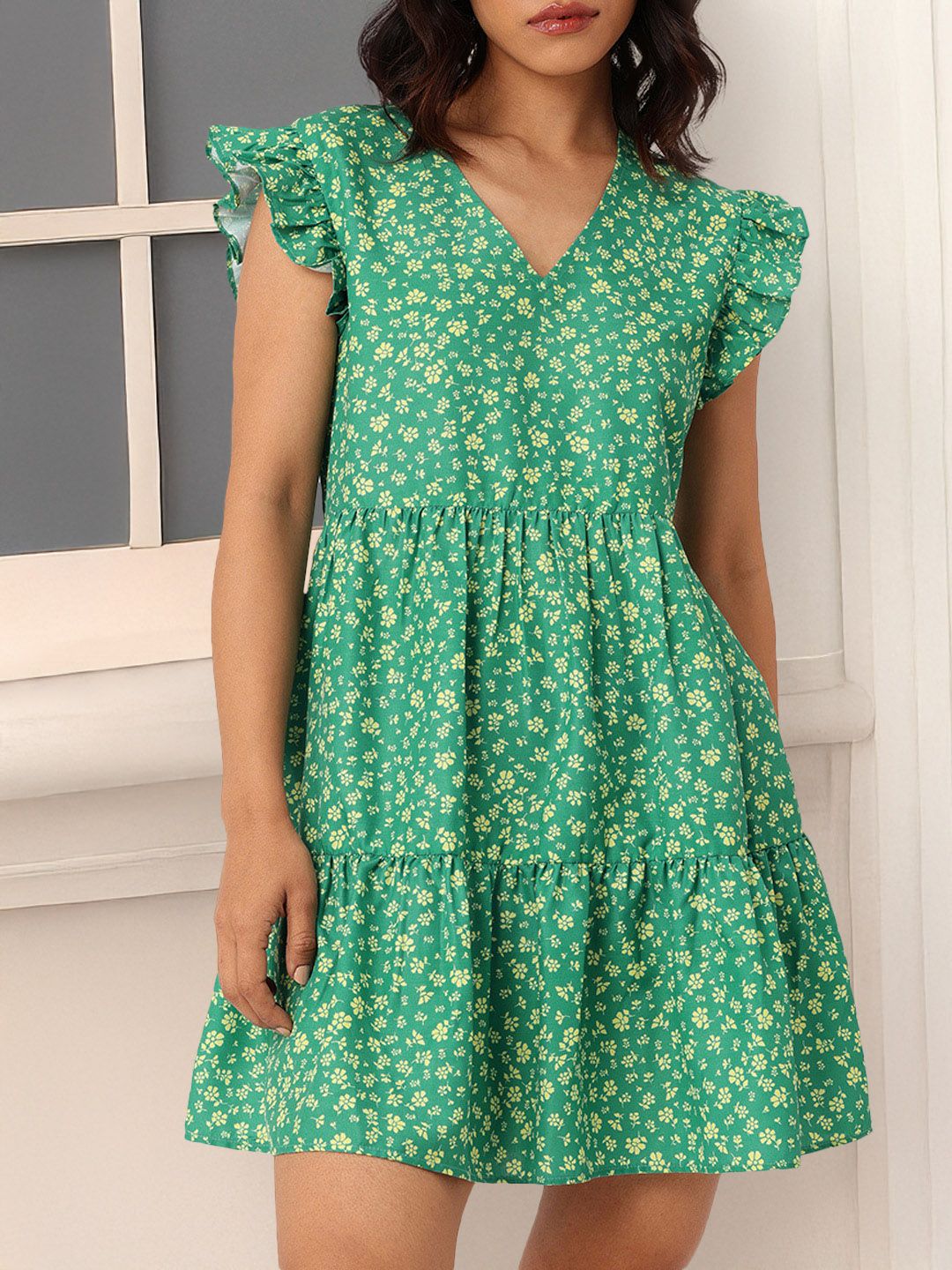 DressBerry Chic Floral Printed Flutter Sleeve Gathered Tiered A-Line Mini Dress