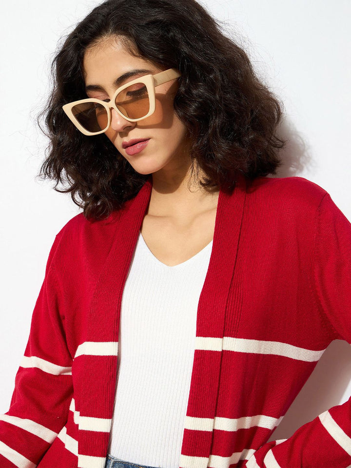 SASSAFRAS Women Red & White Acrylic Ribbed Open Front Striped Longline Shrug