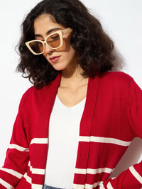 SASSAFRAS Women Red & White Acrylic Ribbed Open Front Striped Longline Shrug
