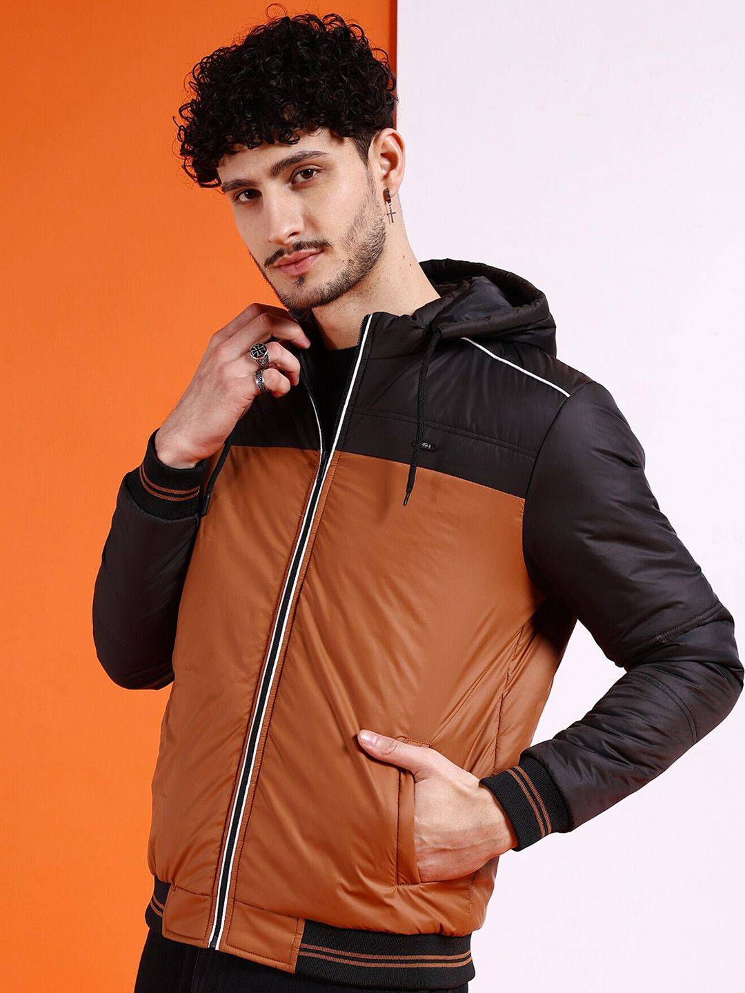 The Indian Garage Co Men Tan Colourblocked Outdoor Padded Jacket with Patchwork