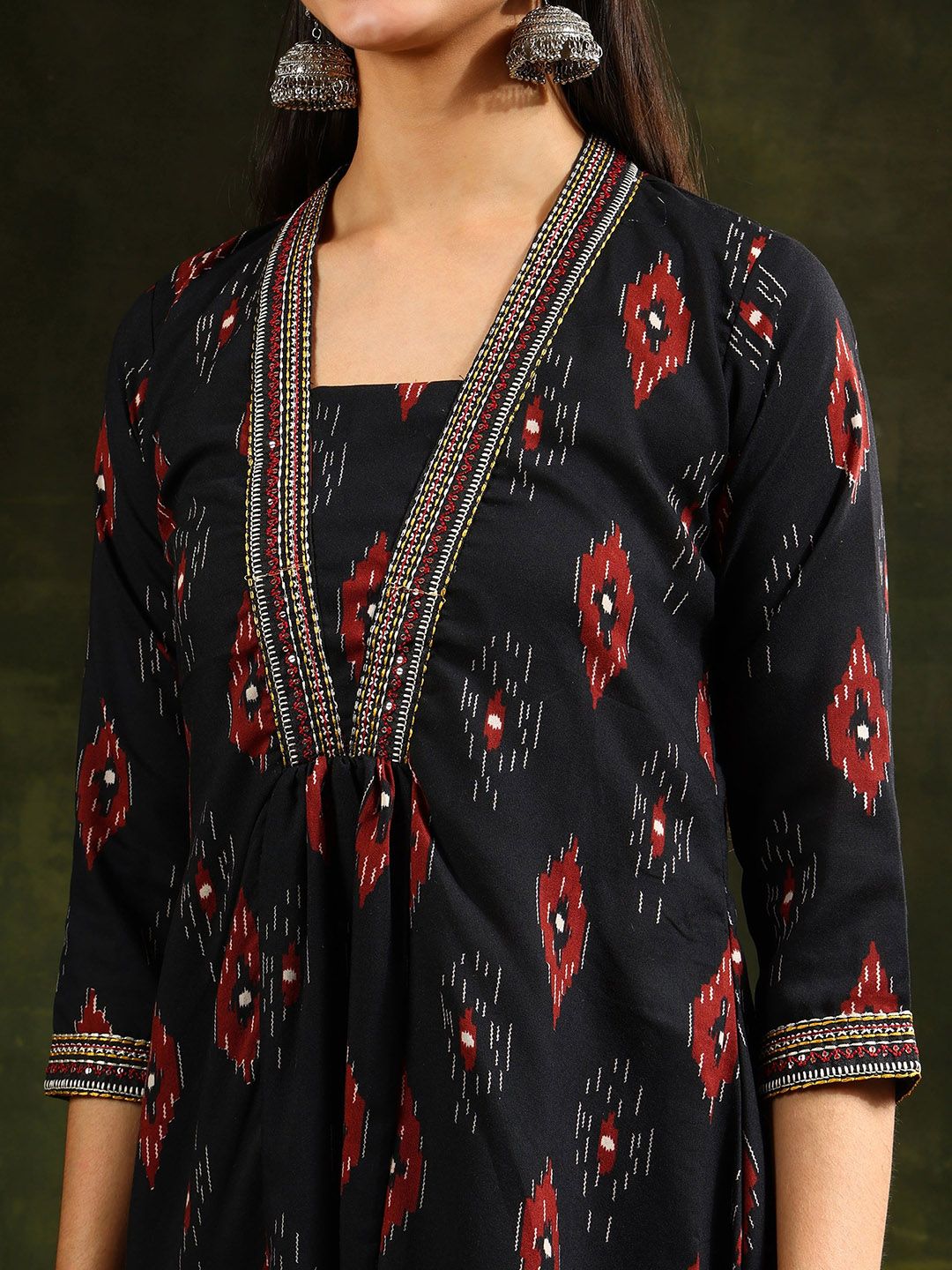 KALINI Floral Printed V-Neck Pleated A-Line Kurta With Trouser And Dupatta