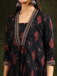 KALINI Floral Printed V-Neck Pleated A-Line Kurta With Trouser And Dupatta