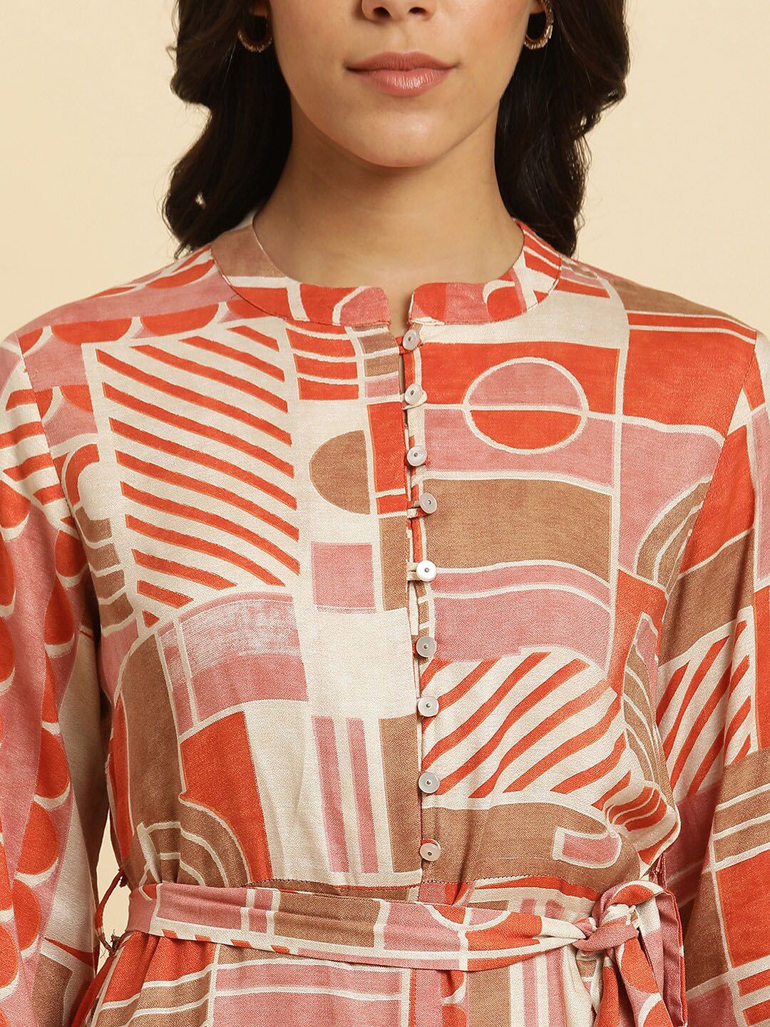 W Geometric Printed Mandarin Collar Cuffed Sleeves A-Line Dress