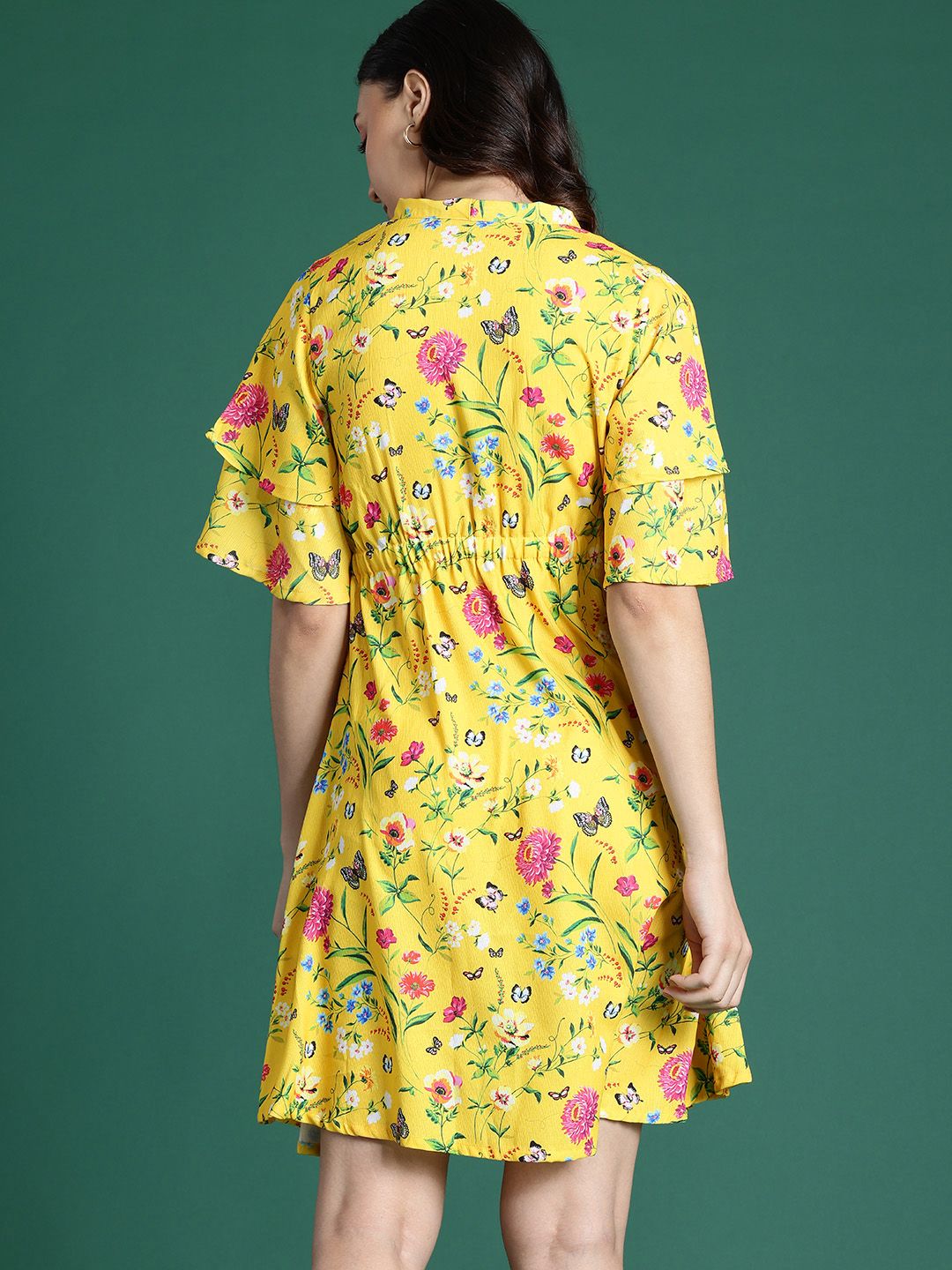 DressBerry Printed Tie-Up Neck Flared Sleeve Mini Dress
