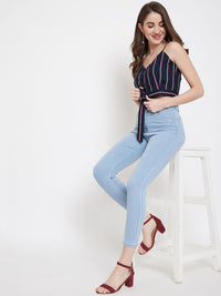 Berrylush Women Navy Blue Candy Striped Crop Top