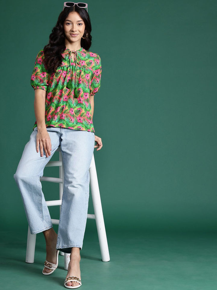 DressBerry Tropical Print Tie-Up Neck Puff Sleeves Empire Top