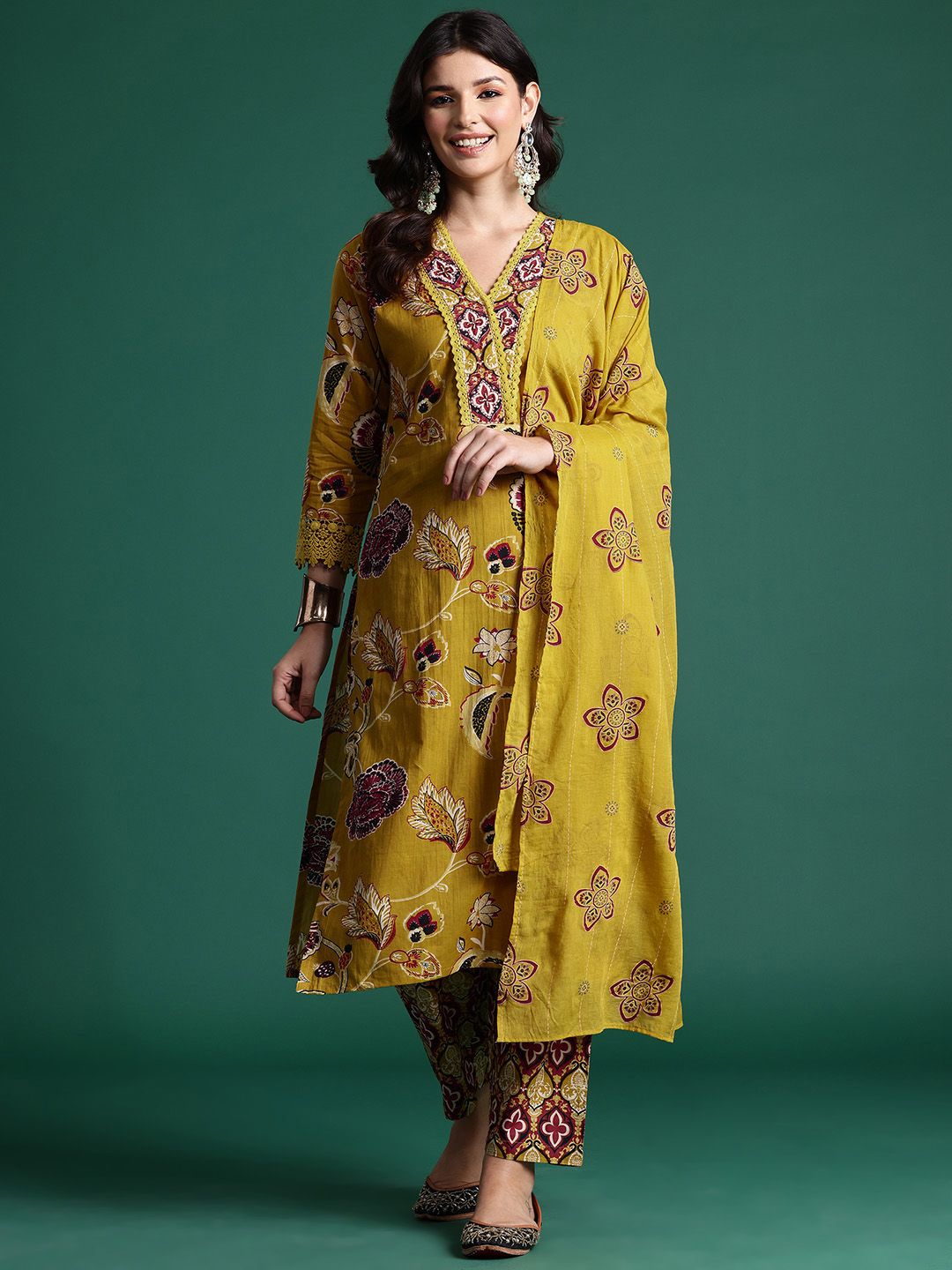 Indo Era Ethnic Motifs Printed Sequinned Pure Cotton Kurta With Trousers & Dupatta