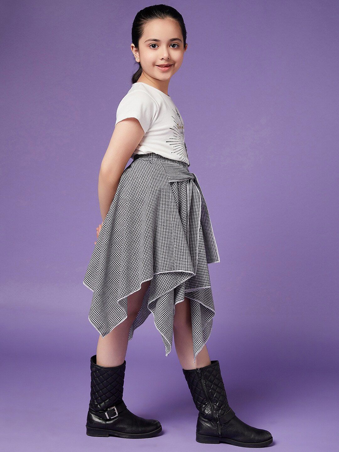 pspeaches Girls Pure Cotton Top With Checked Skirt