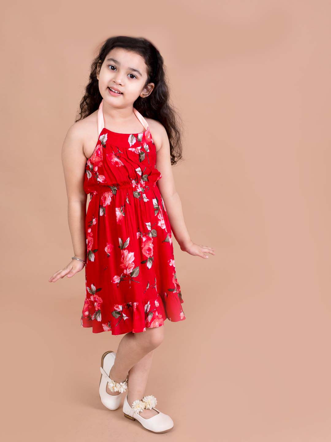 pspeaches Girls Red Floral Halter Neck Dress