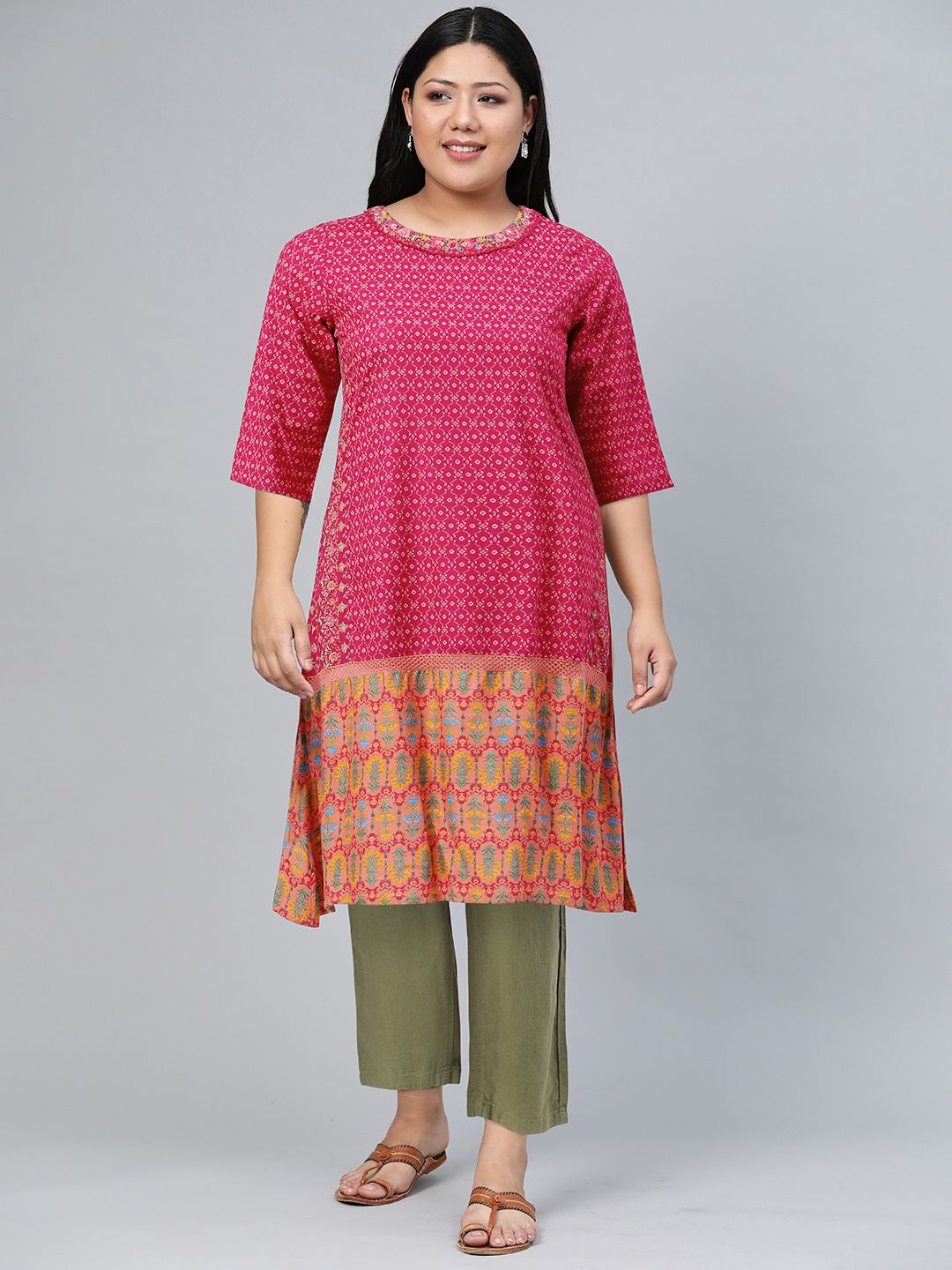 W Women Pink Ethnic Motifs Printed A-Line Kurta