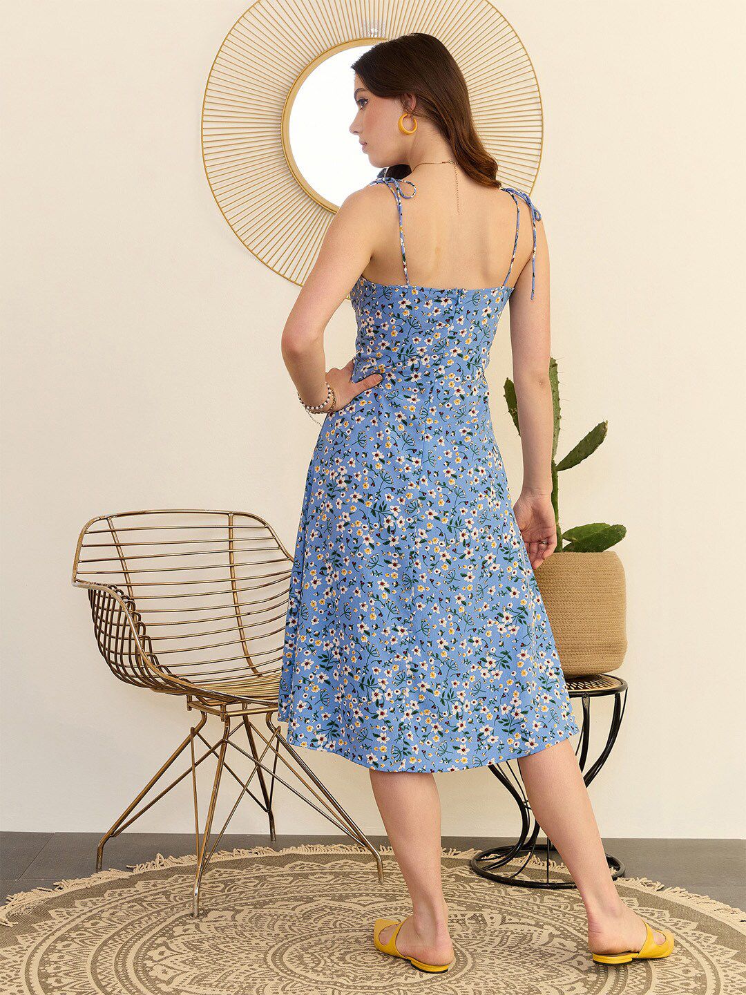 Berrylush Floral Printed Shoulder Straps A-Line Midi Dress