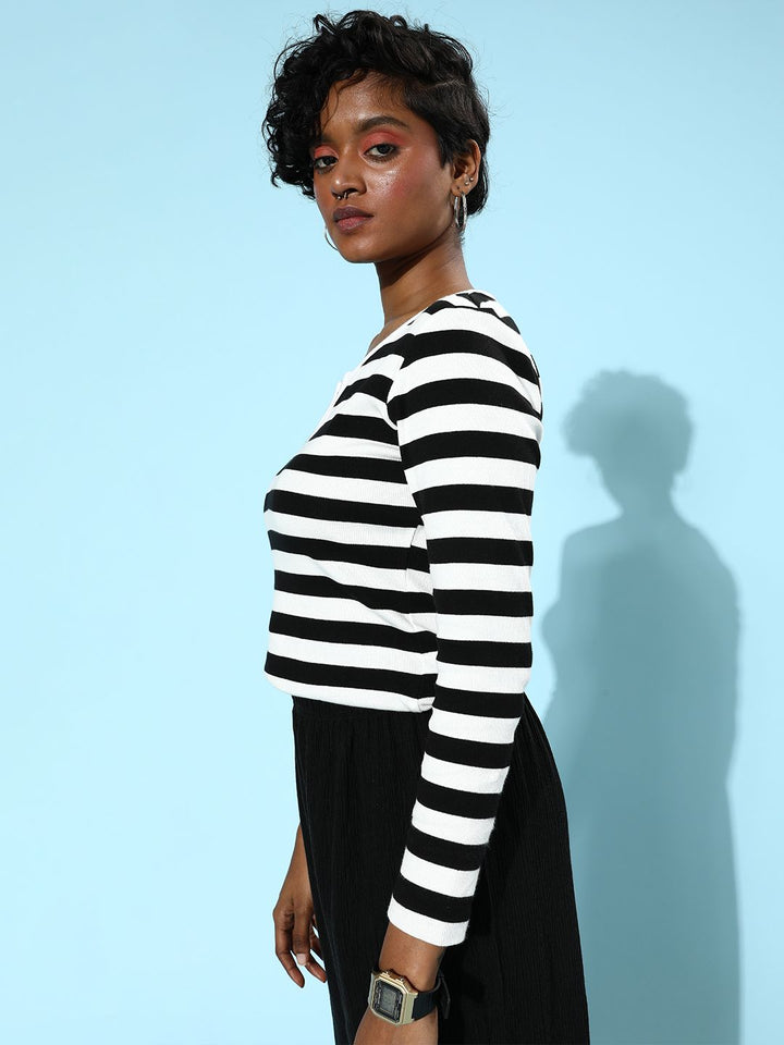 SASSAFRAS Women Black Striped Knitted Tshirt