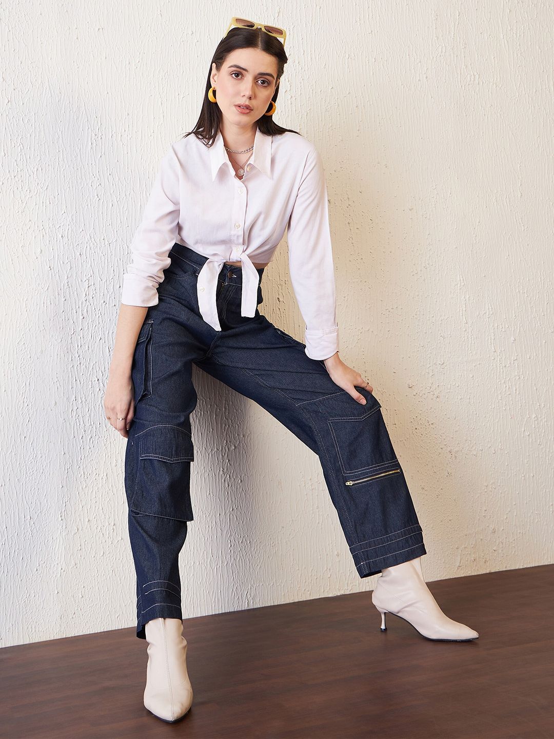 Antheaa Women Blue Comfort Relaxed Fit Stretchable Denim Cargo