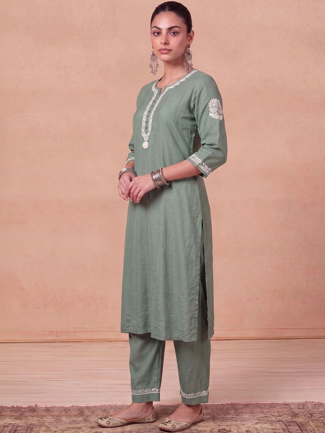 House of Chikankari Women Ethnic Motifs Embroidered Regular Thread Work Chanderi Silk Kurta with Trousers