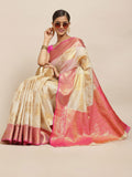 Silk Land Beige & Pink Woven Design Zari Jute Silk Tussar Saree