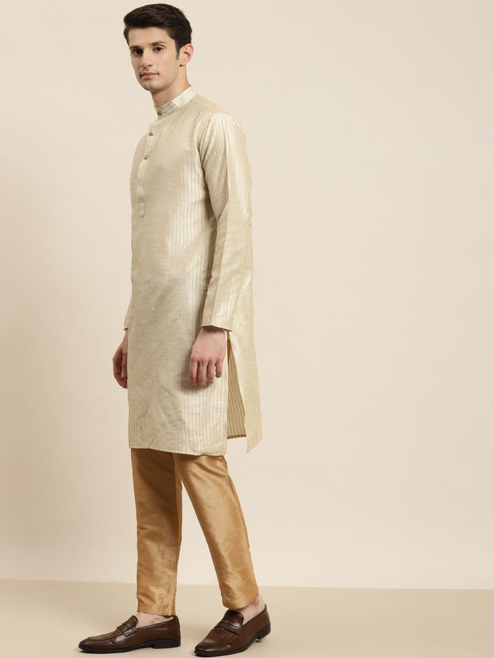 SOJANYA Men Beige Striped Kurta with Pyjamas & Nehru Jacket