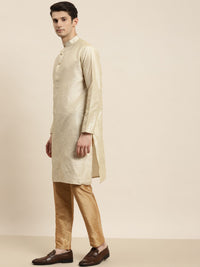 SOJANYA Men Beige Striped Kurta with Pyjamas & Nehru Jacket