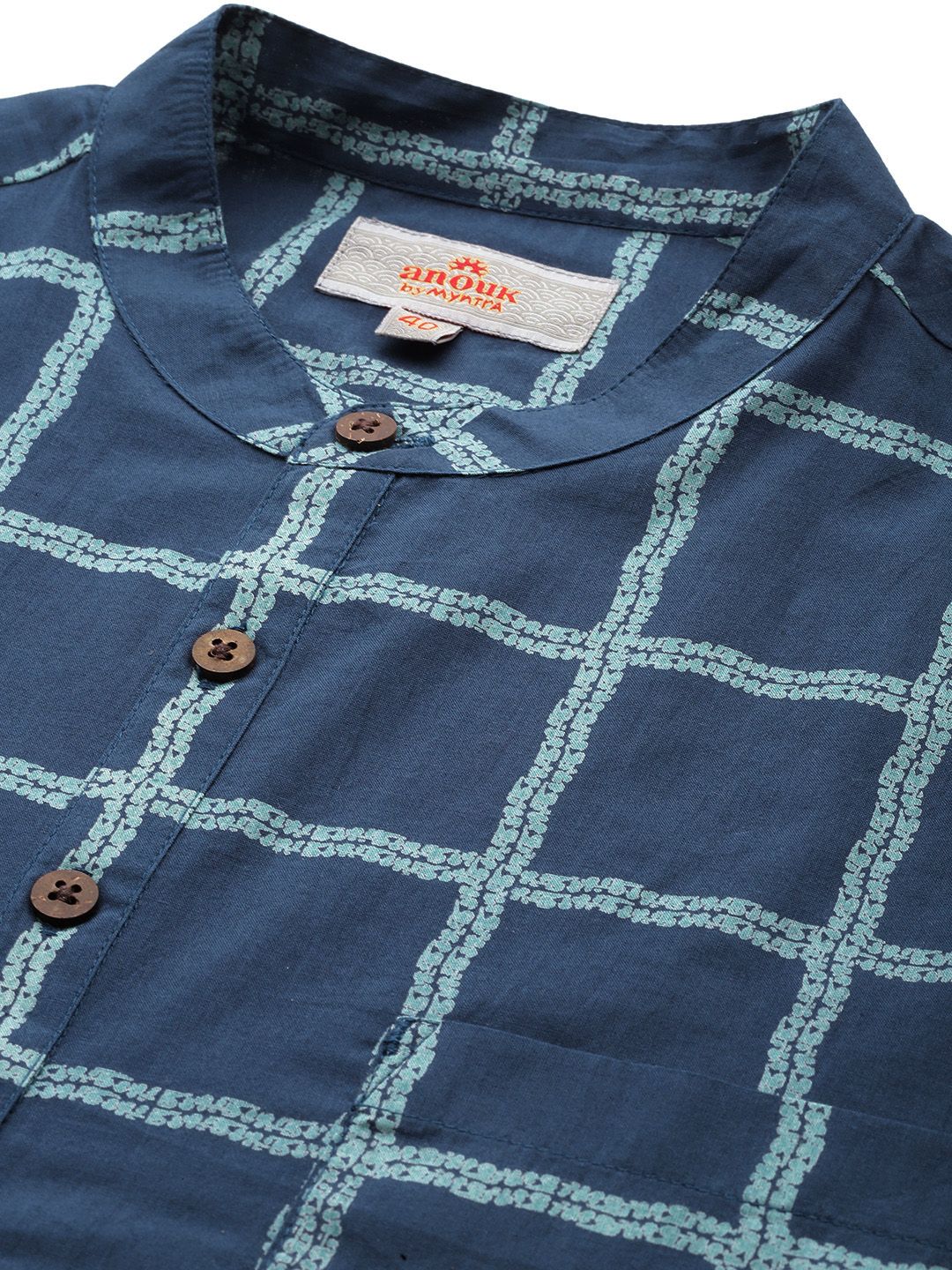 Anouk Men Checks Printed Band Collar Pure Cotton Kurta