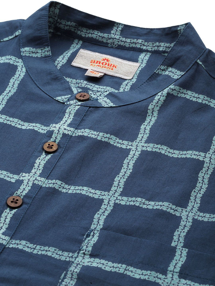 Anouk Men Checks Printed Band Collar Pure Cotton Kurta