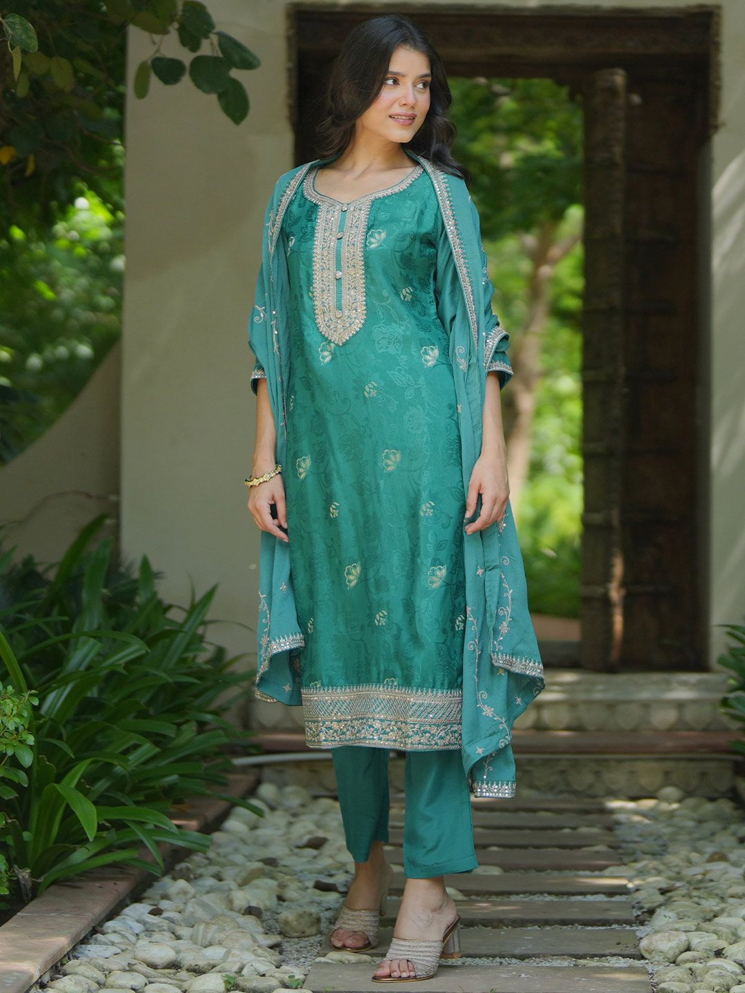 Libas Floral Embroidered Zari Straight Kurta with Palazzos & Dupatta