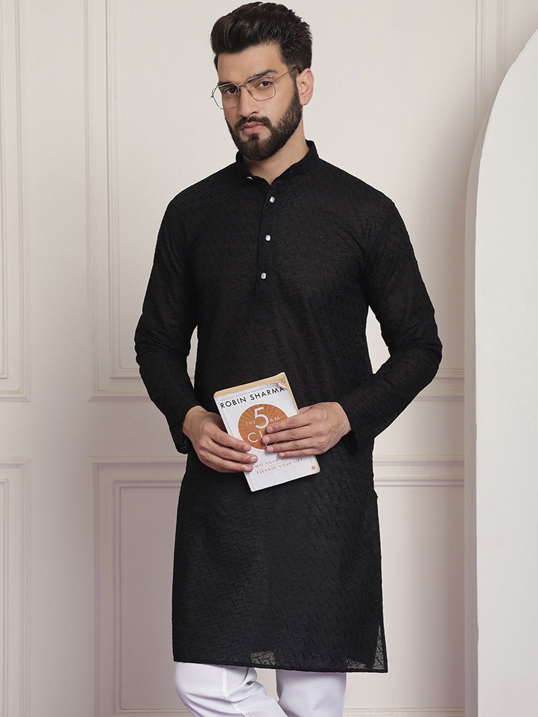 SOJANYA Lelaki Black Thread Work Kurta