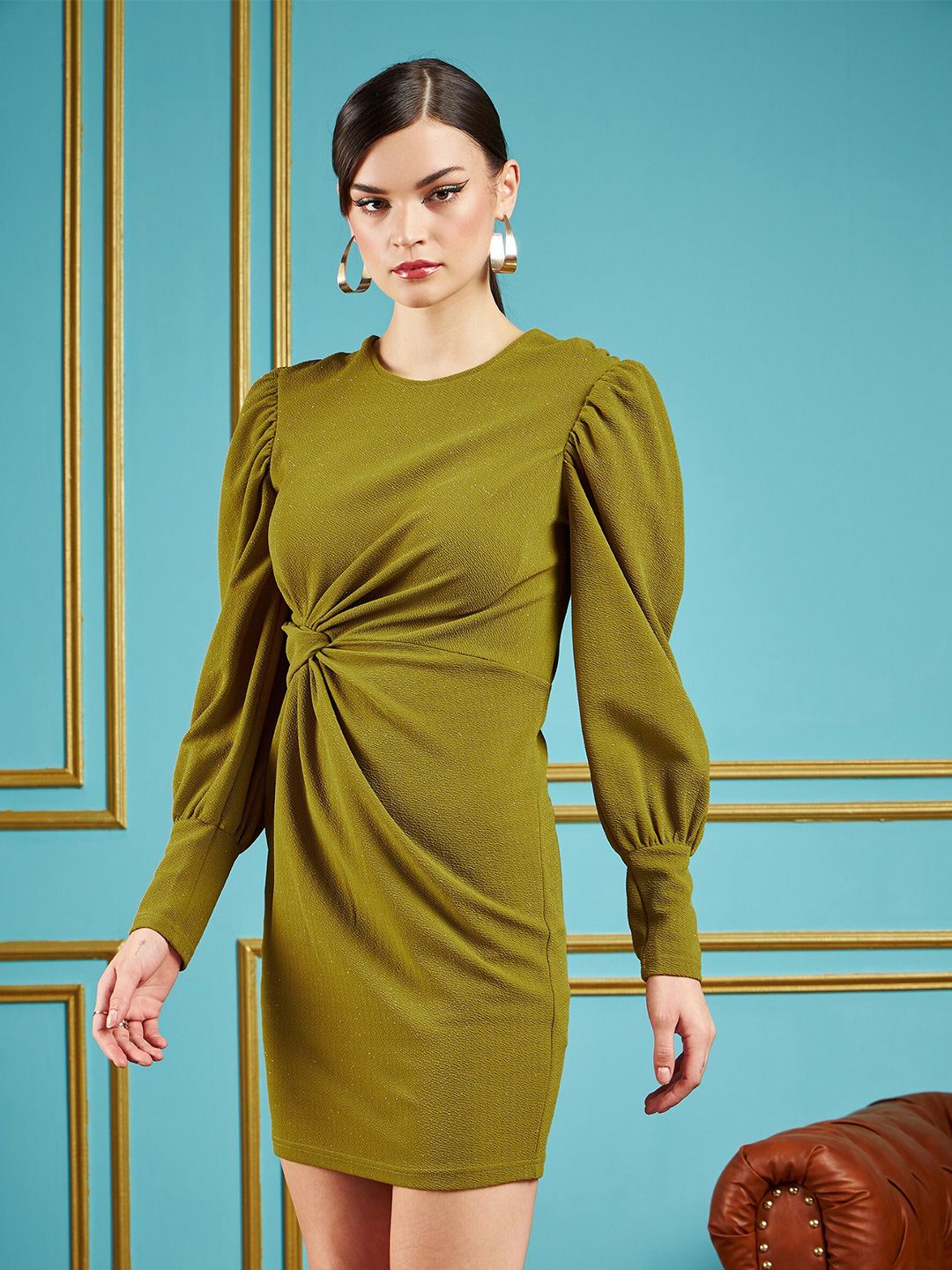 SASSAFRAS Olive Self Design Puff Sleeves Gathered Detail Sheath Dress