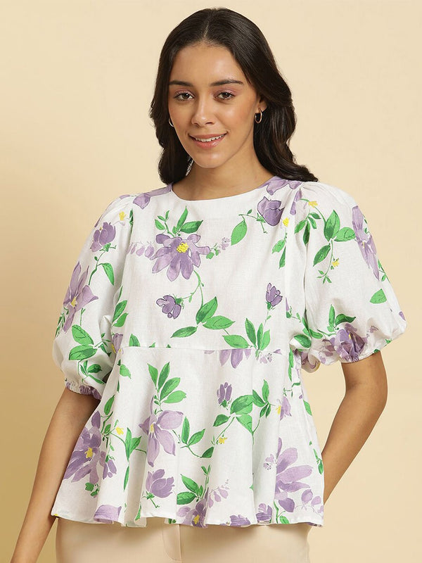 W Floral Printed Cotton A Line Top