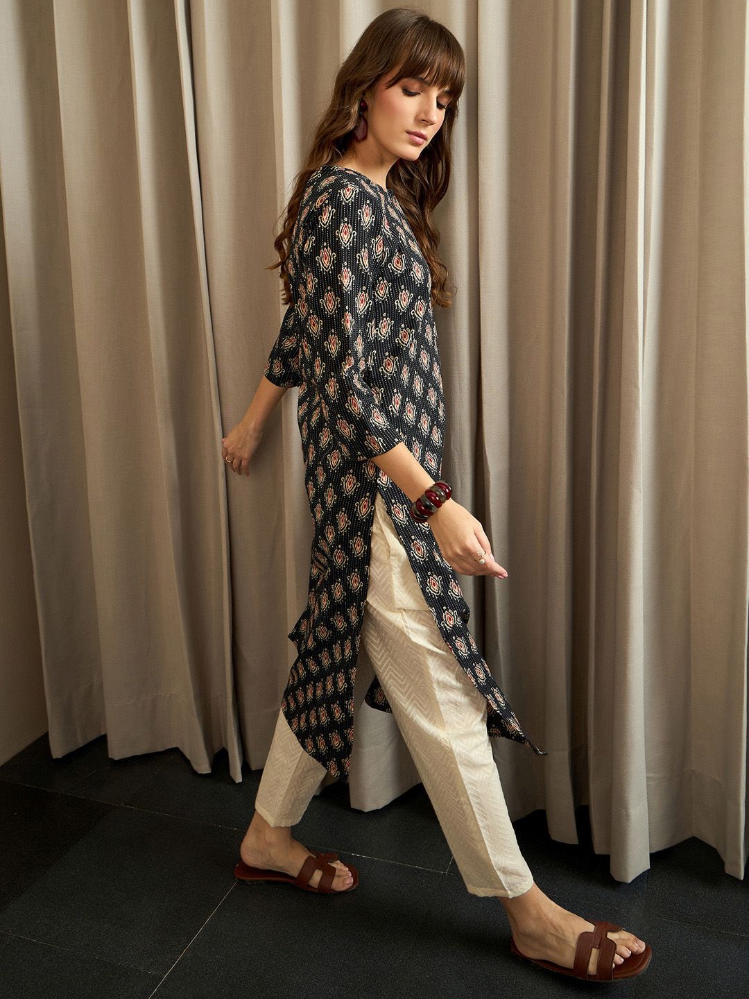 Indo Era Black Ethnic Motifs Printed Pure Cotton Straight Kurta